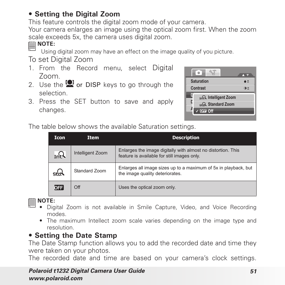 Setting the digital zoom, Digital zoom, Setting the date stamp | Polaroid t1232 User Manual | Page 51 / 95