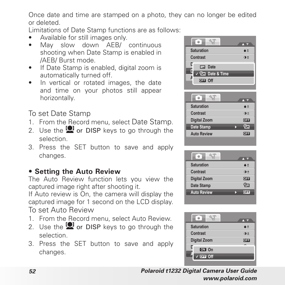Date stamp, Setting the auto review | Polaroid t1232 User Manual | Page 52 / 95