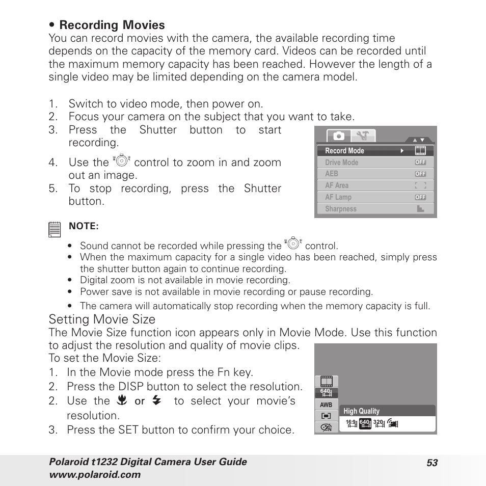 Recording movies, Setting movie size | Polaroid t1232 User Manual | Page 53 / 95