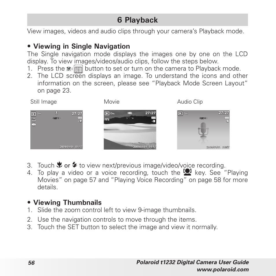 6 playback, Viewing in single navigation, Viewing thumbnails | Still image movie audio clip | Polaroid t1232 User Manual | Page 56 / 95