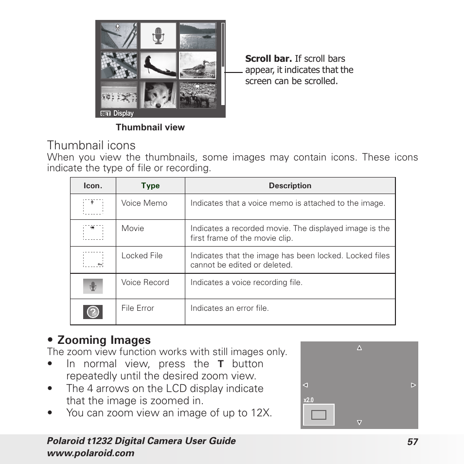 Thumbnail icons, Zooming images | Polaroid t1232 User Manual | Page 57 / 95