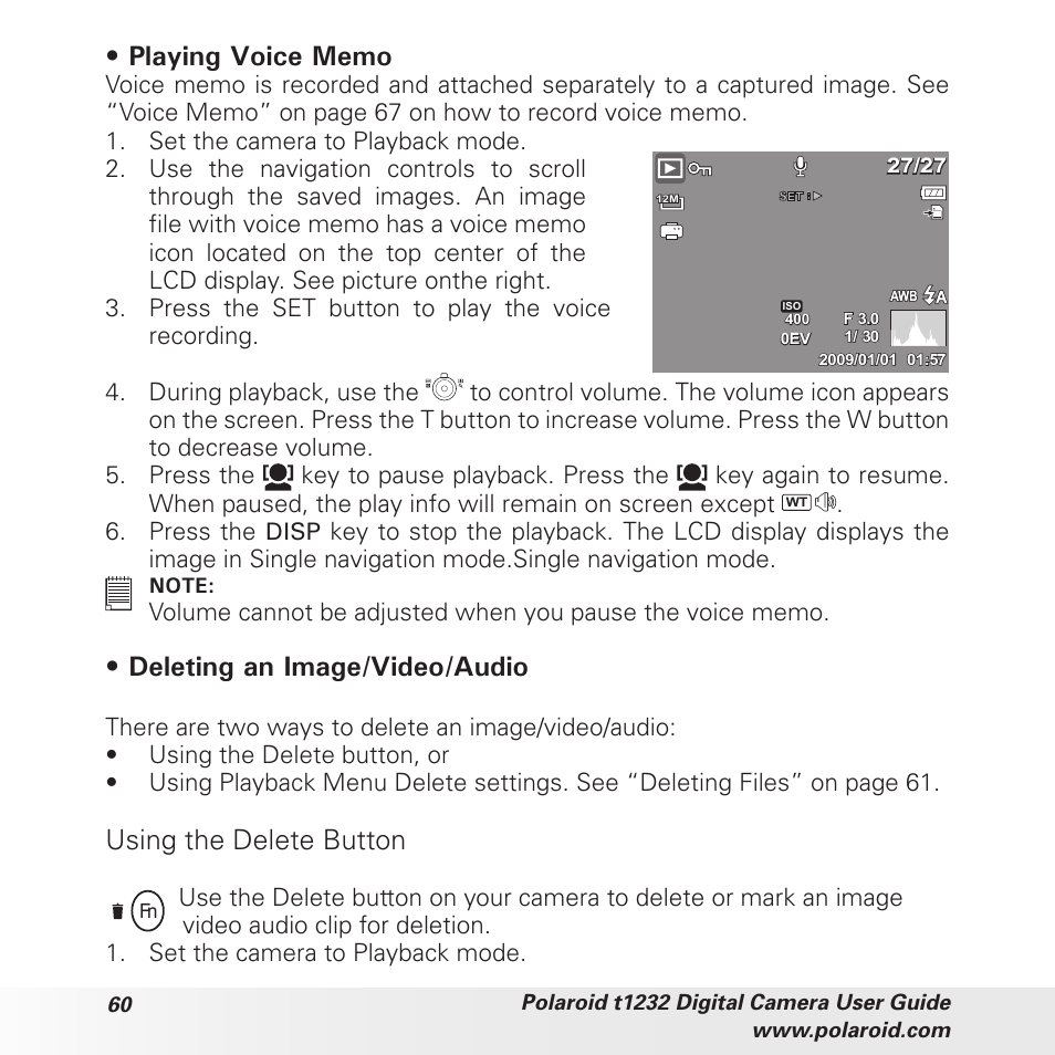 Deleting an image/video/audio, Using the delete button | Polaroid t1232 User Manual | Page 60 / 95
