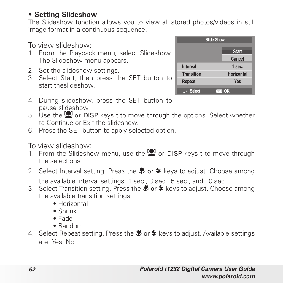 Setting slideshow | Polaroid t1232 User Manual | Page 62 / 95