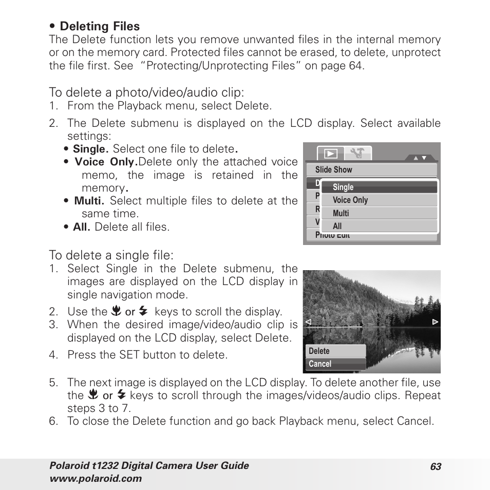 Deleting files | Polaroid t1232 User Manual | Page 63 / 95