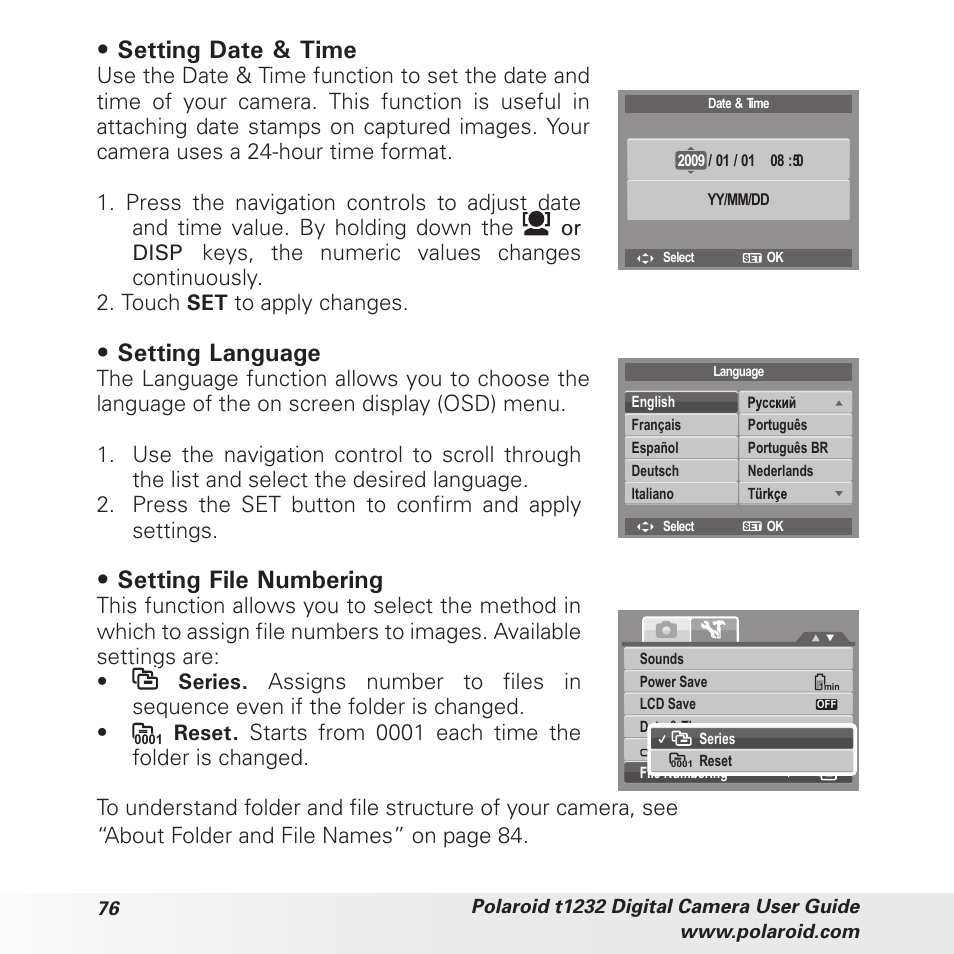 Setting date & time, Setting language, Setting file numbering | Polaroid t1232 User Manual | Page 76 / 95