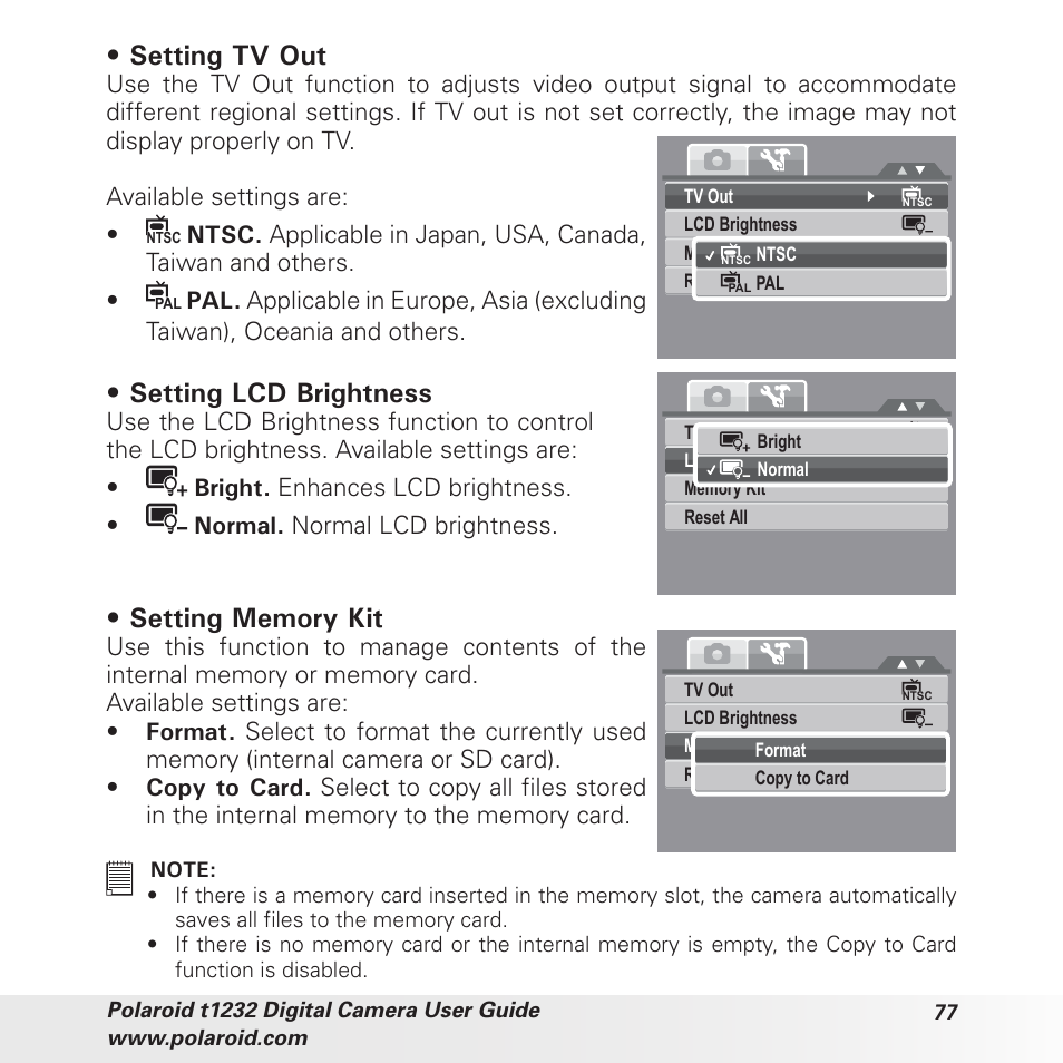 Setting tv out, Setting lcd brightness | Polaroid t1232 User Manual | Page 77 / 95