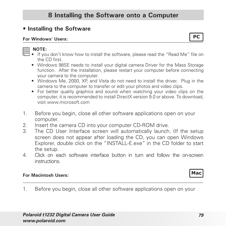 8 installing the software onto a computer, Installing the software | Polaroid t1232 User Manual | Page 79 / 95