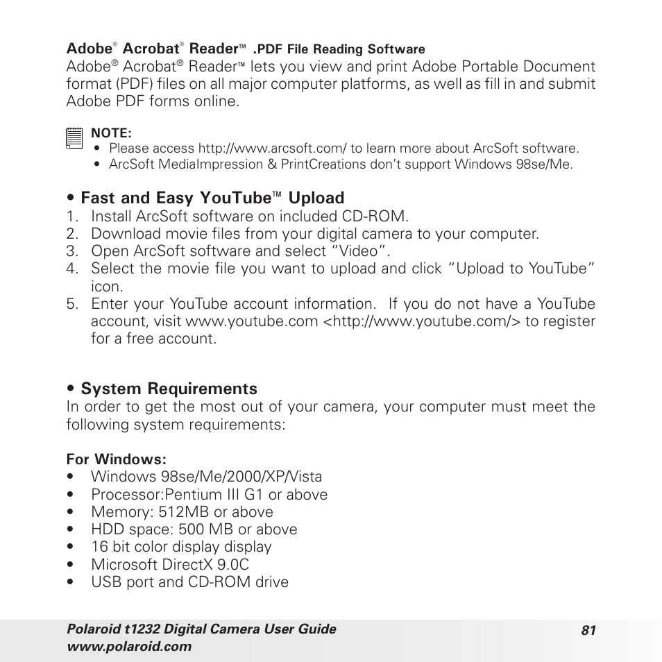 Fast and easy youtube™ upload, System requirements | Polaroid t1232 User Manual | Page 81 / 95