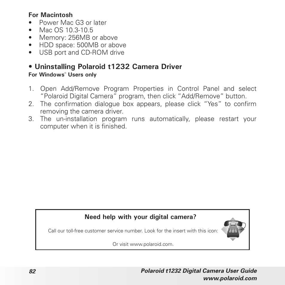 Uninstalling polaroid t1232 camera driver | Polaroid t1232 User Manual | Page 82 / 95