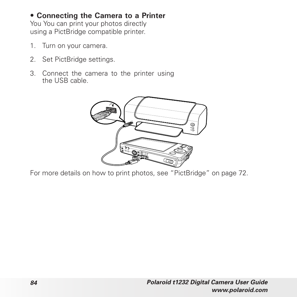 Connecting the camera to a printer | Polaroid t1232 User Manual | Page 84 / 95