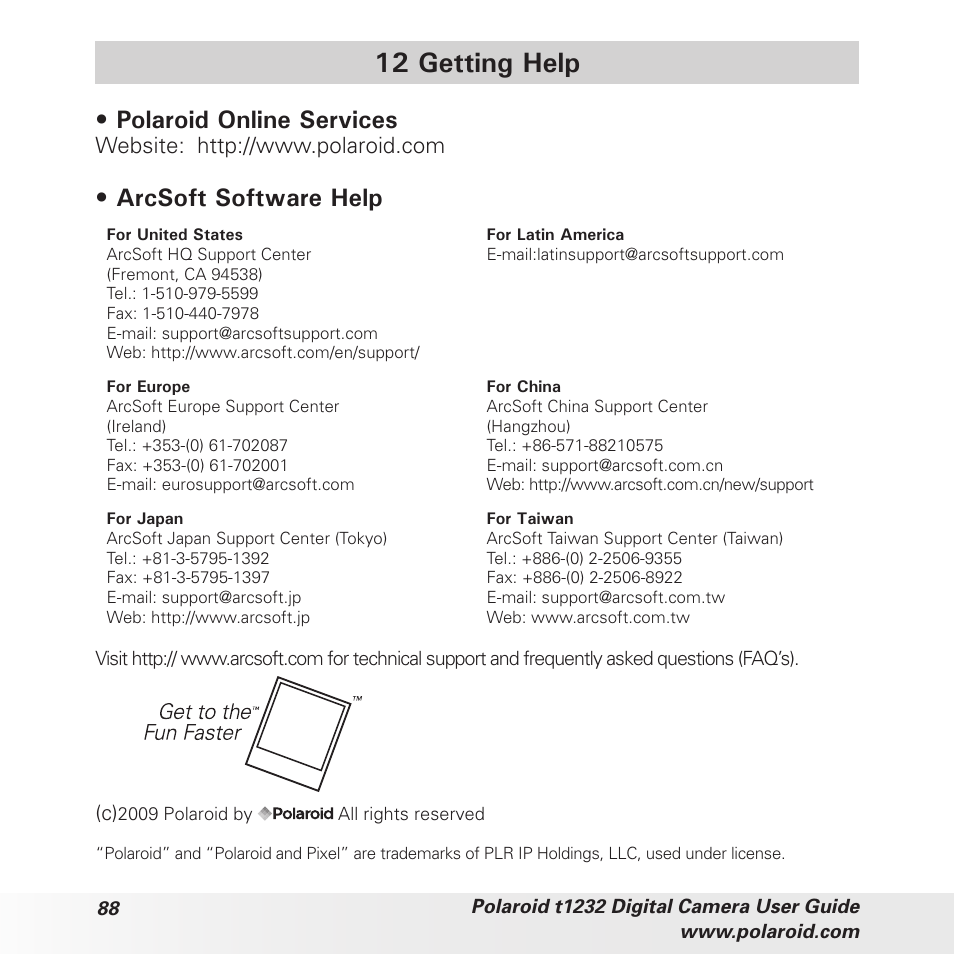 12 getting help, Polaroid online services, Arcsoft software help | Polaroid t1232 User Manual | Page 88 / 95