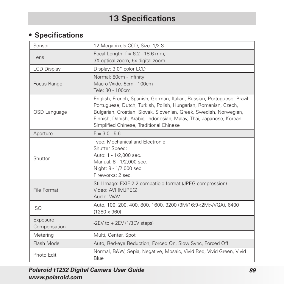 13 specifications, Specifications | Polaroid t1232 User Manual | Page 89 / 95