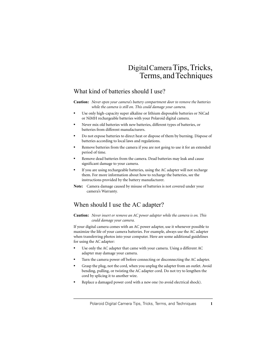 Tips & tricks, Tips, Tricks, terms | Techniques, Digital, Camera, What kind of batteries should i use, When should i use the ac adapter | Polaroid PDC 1320 User Manual | Page 73 / 83