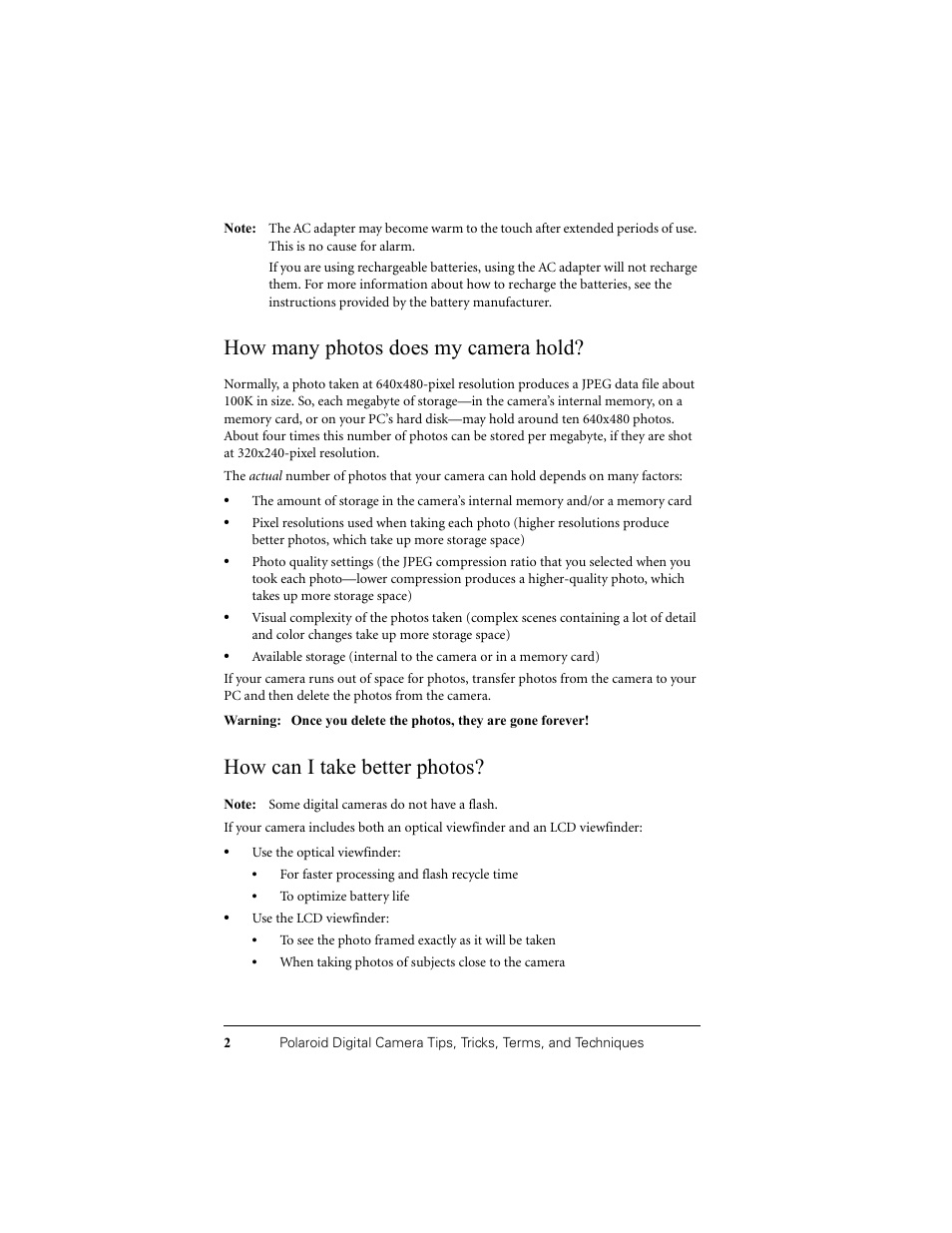 How many photos does my camera hold, How can i take better photos | Polaroid PDC 1320 User Manual | Page 74 / 83