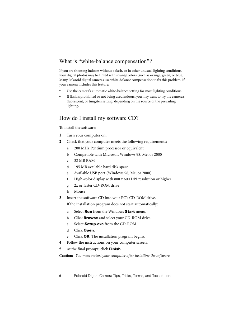 What is “white-balance compensation, How do i install my software cd | Polaroid PDC 1320 User Manual | Page 78 / 83