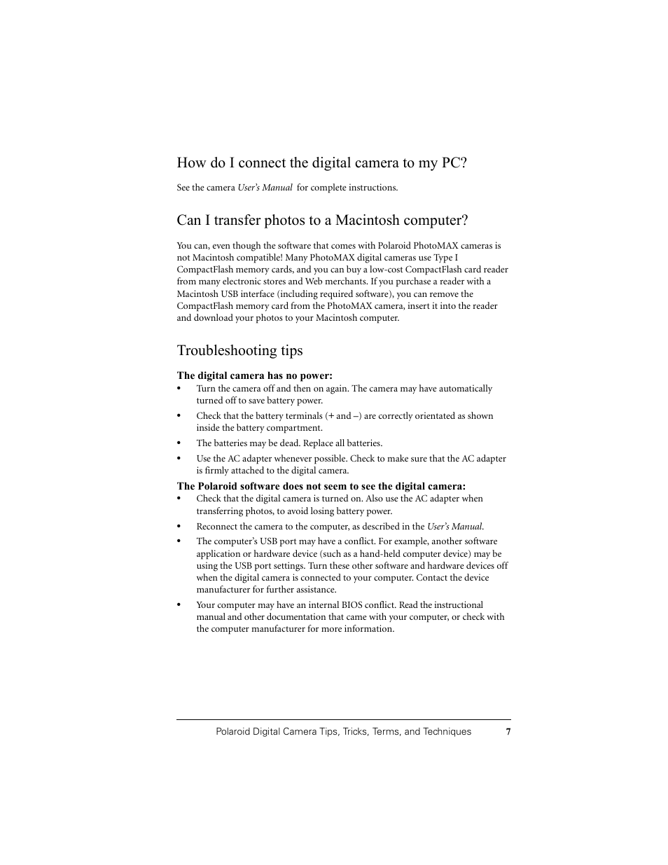 How do i connect the digital camera to my pc, Can i transfer photos to a macintosh computer, Troubleshooting tips | Polaroid PDC 1320 User Manual | Page 79 / 83