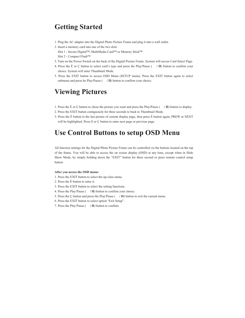 Getting started, Viewing pictures, Use control buttons to setup osd menu | Polaroid IDF-0720 User Manual | Page 6 / 10