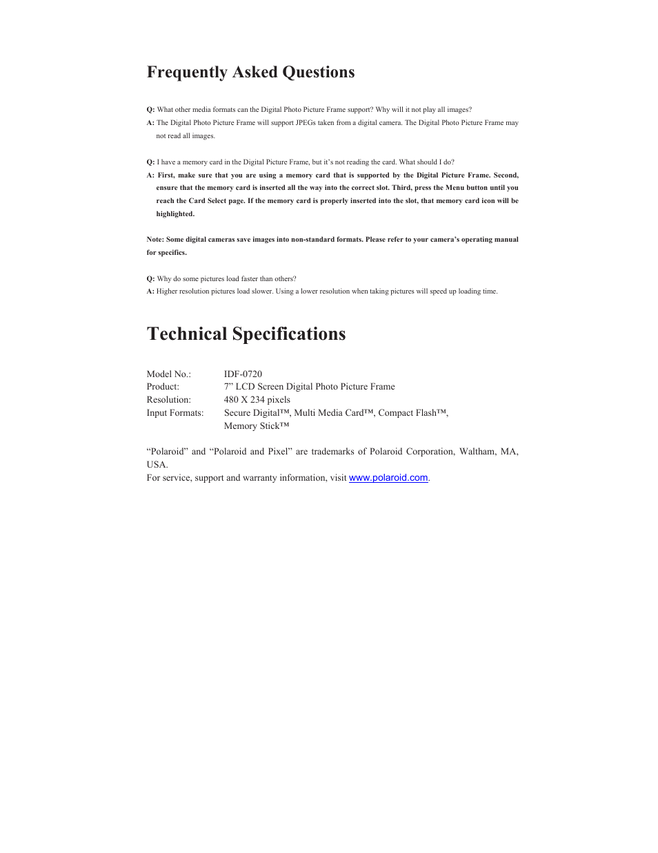 Technical specifications, Frequently asked questions | Polaroid IDF-0720 User Manual | Page 9 / 10