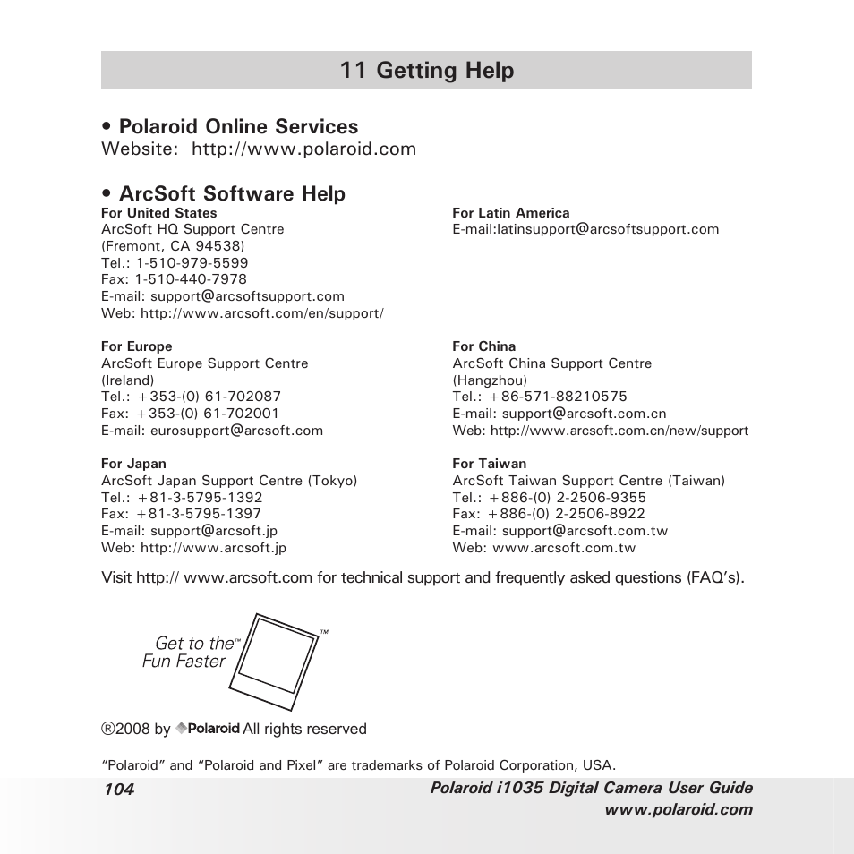 11 getting help, Polaroid online services, Arcsoft software help | Polaroid I1035 User Manual | Page 104 / 117