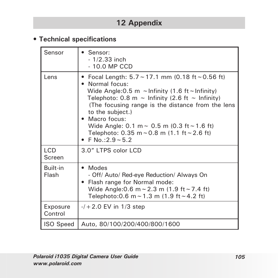 12 appendix | Polaroid I1035 User Manual | Page 105 / 117