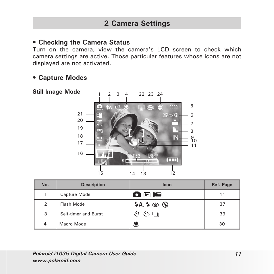 2 camera settings, Checking the camera status, Capture modes | Still image mode | Polaroid I1035 User Manual | Page 11 / 117