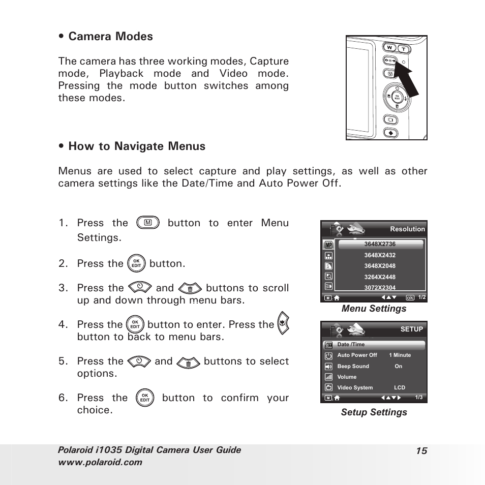 Camera modes, How to navigate menus | Polaroid I1035 User Manual | Page 15 / 117