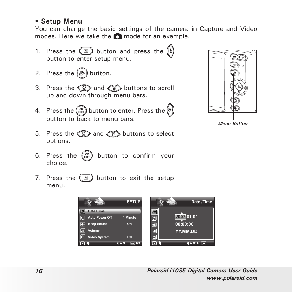 Setup menu | Polaroid I1035 User Manual | Page 16 / 117