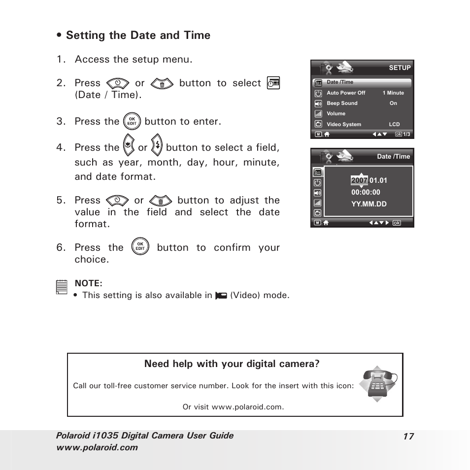 Setting the date and time | Polaroid I1035 User Manual | Page 17 / 117