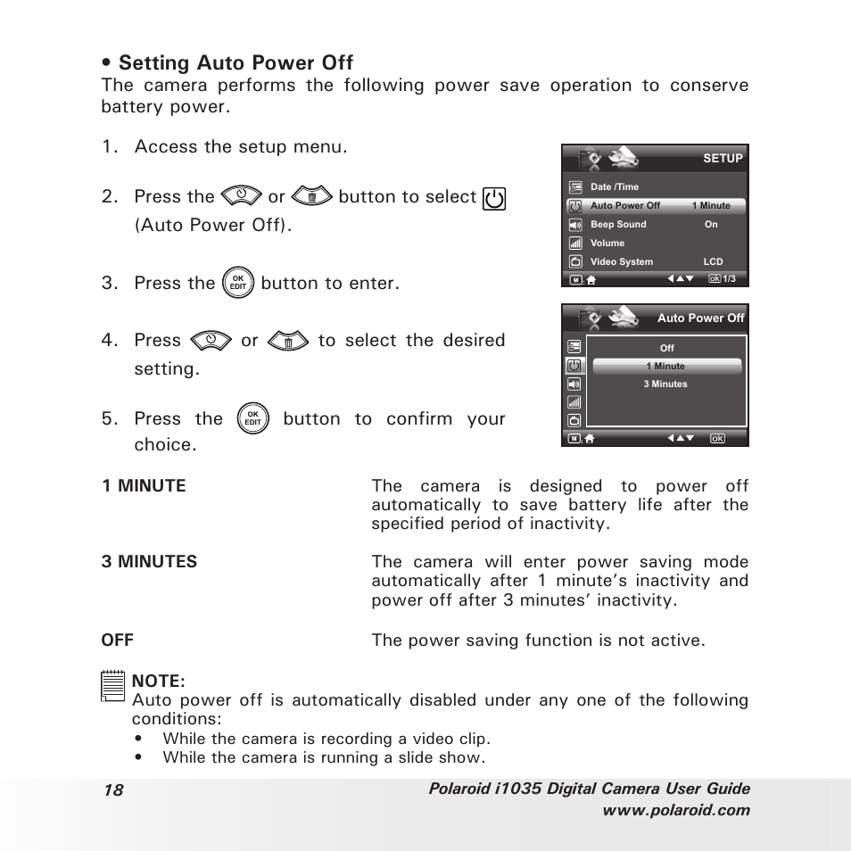 Setting auto power off | Polaroid I1035 User Manual | Page 18 / 117