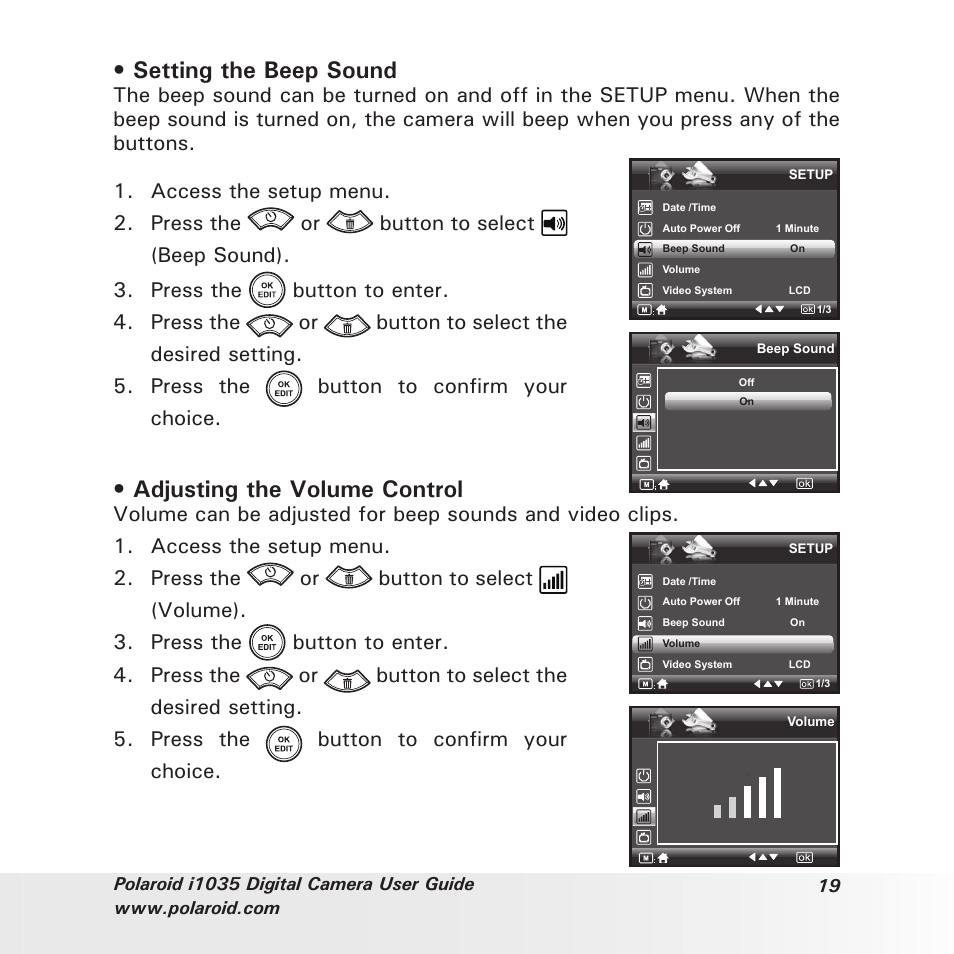 Setting the beep sound, Adjusting the volume control | Polaroid I1035 User Manual | Page 19 / 117