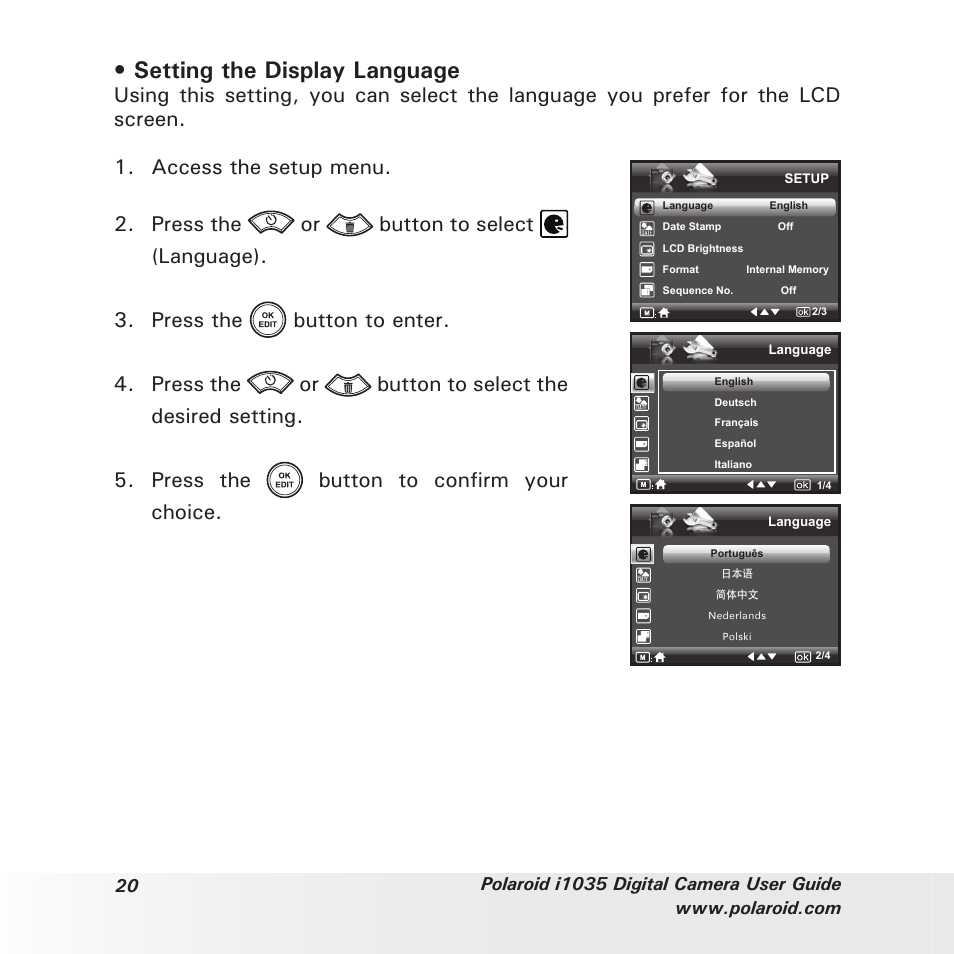 Setting the display language | Polaroid I1035 User Manual | Page 20 / 117