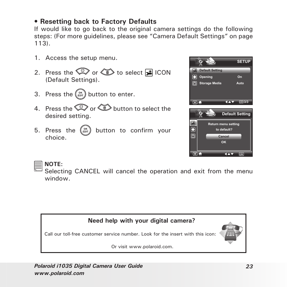 Resetting back to factory defaults | Polaroid I1035 User Manual | Page 23 / 117