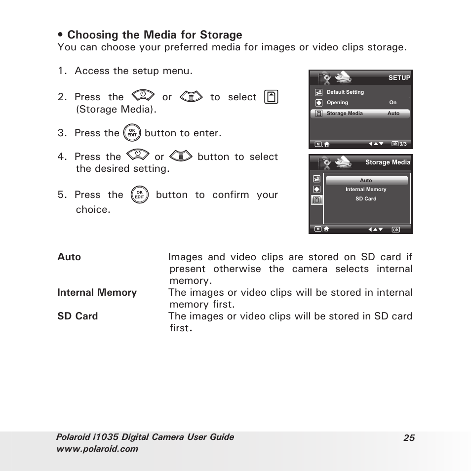 Choosing the media for storage | Polaroid I1035 User Manual | Page 25 / 117