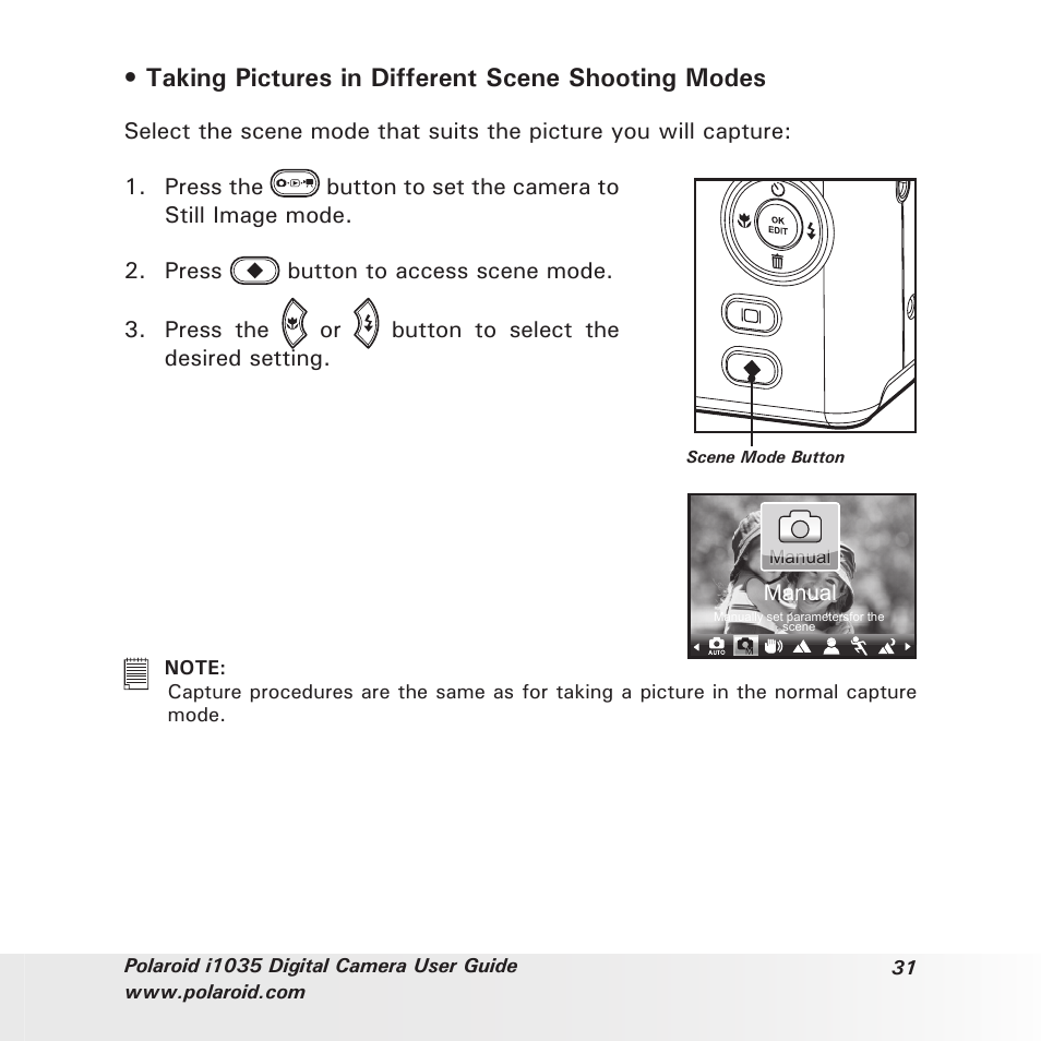 Taking pictures in different scene shooting modes | Polaroid I1035 User Manual | Page 31 / 117