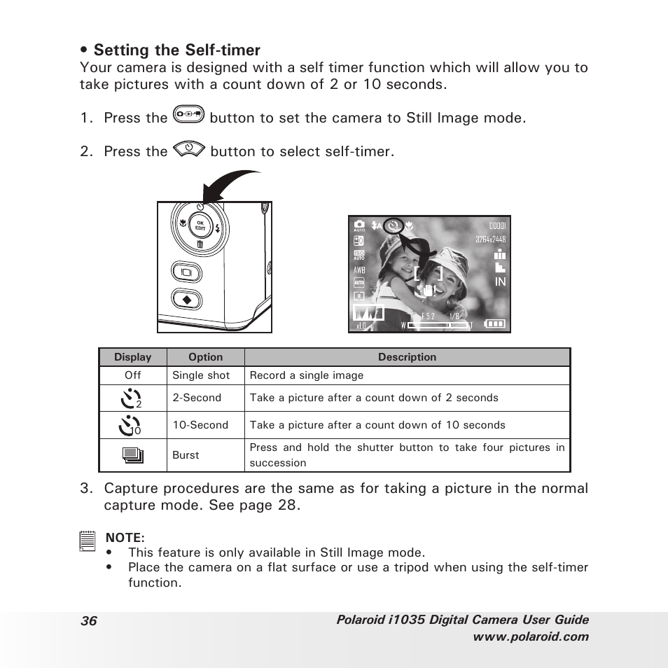 Setting the self-timer | Polaroid I1035 User Manual | Page 36 / 117