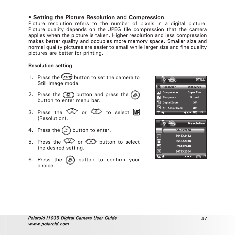 Setting the picture resolution and compression | Polaroid I1035 User Manual | Page 37 / 117