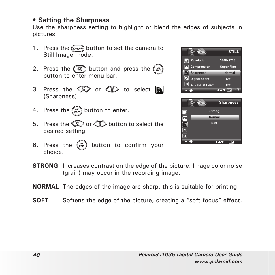 Setting the sharpness | Polaroid I1035 User Manual | Page 40 / 117