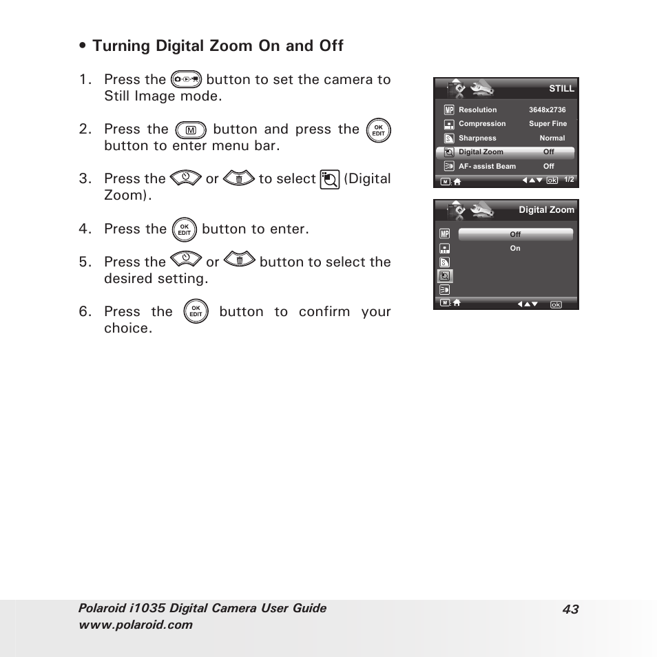 Turning digital zoom on and off | Polaroid I1035 User Manual | Page 43 / 117