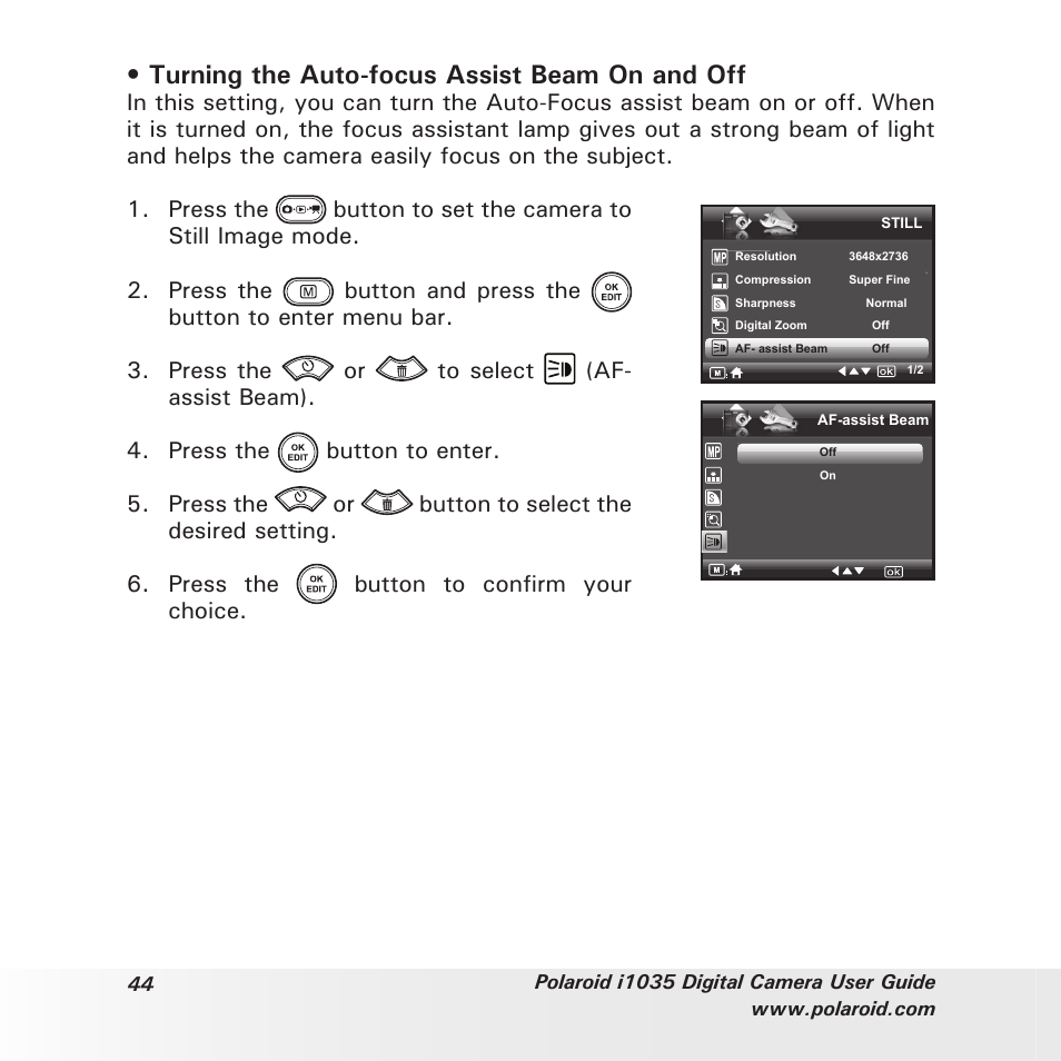 Turning the auto-focus assist beam on and off | Polaroid I1035 User Manual | Page 44 / 117