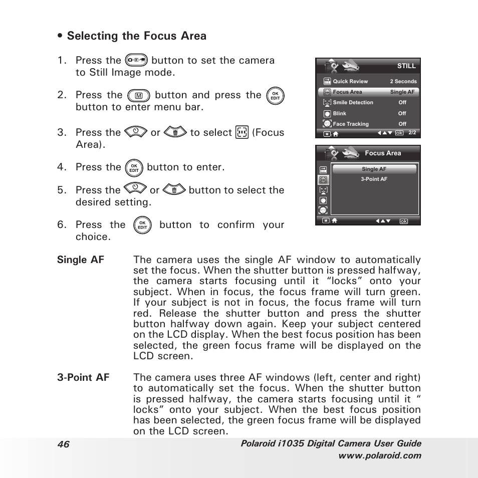 Selecting the focus area | Polaroid I1035 User Manual | Page 46 / 117