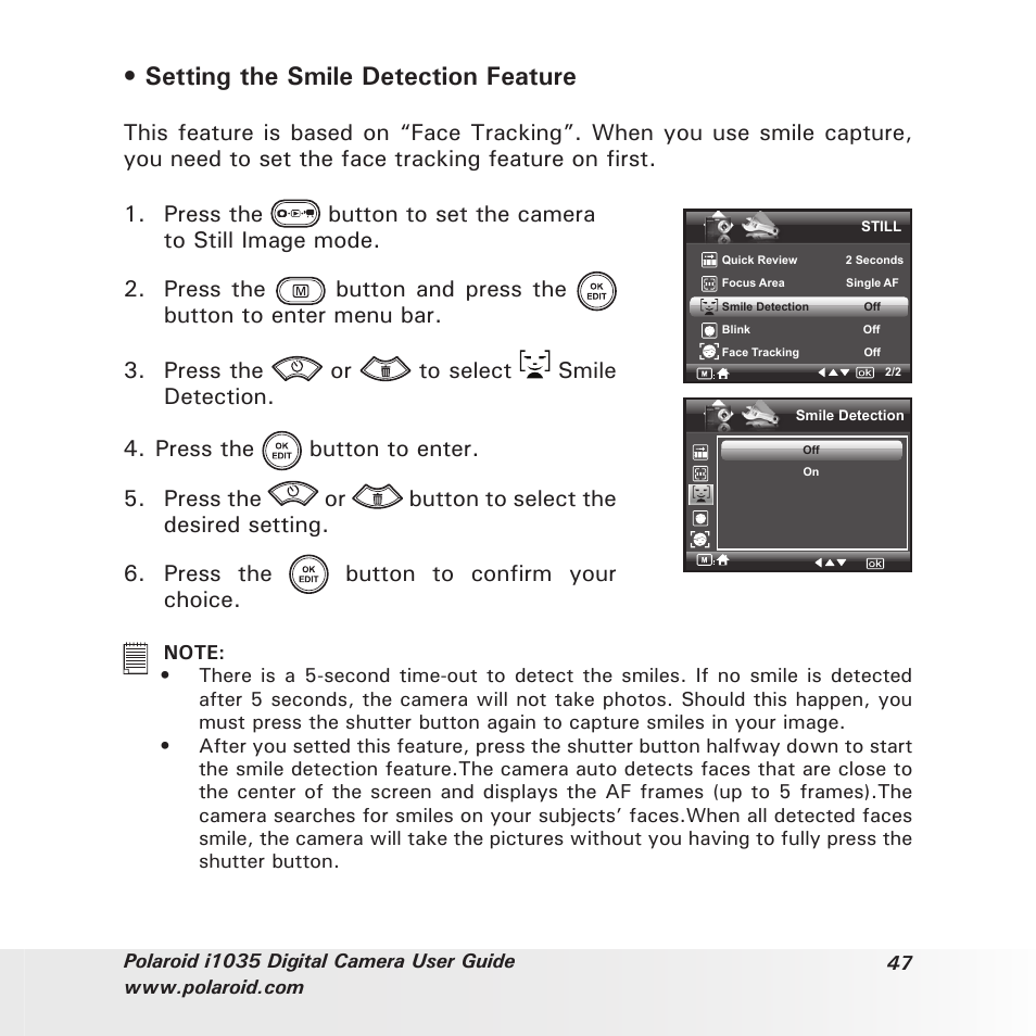 Setting the smile detection feature | Polaroid I1035 User Manual | Page 47 / 117