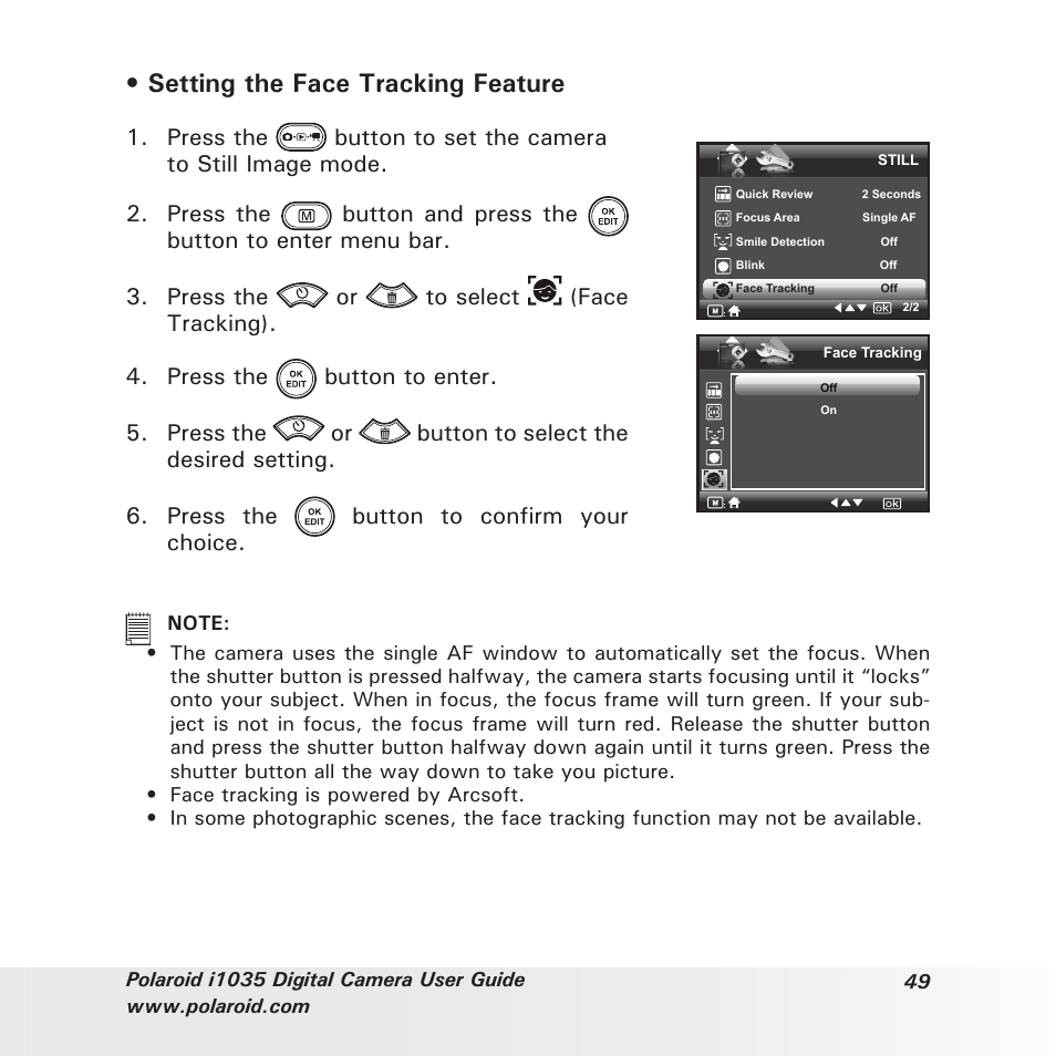 Setting the face tracking feature | Polaroid I1035 User Manual | Page 49 / 117