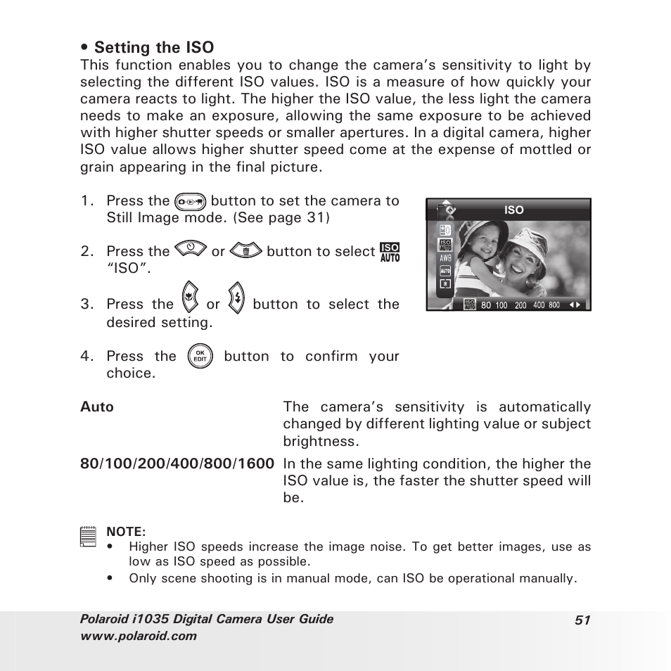 Setting the iso | Polaroid I1035 User Manual | Page 51 / 117