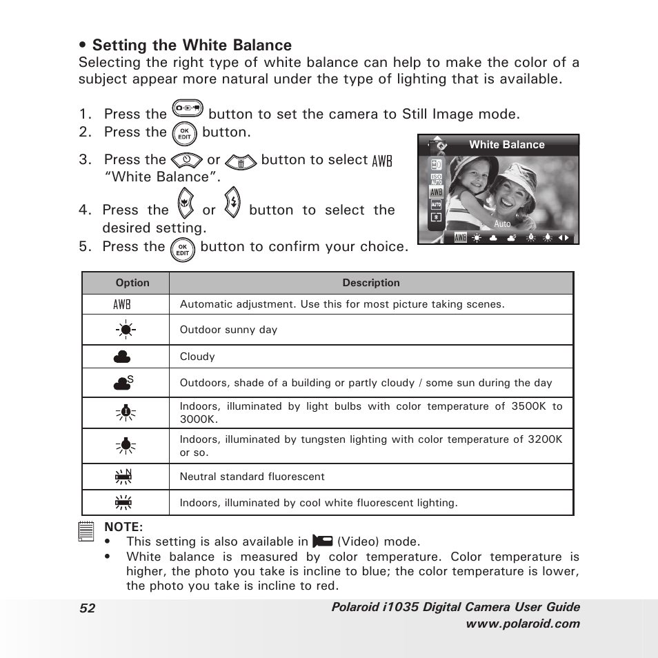 Setting the white balance | Polaroid I1035 User Manual | Page 52 / 117