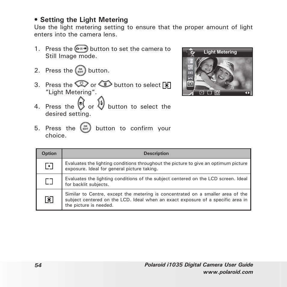 Setting the light metering | Polaroid I1035 User Manual | Page 54 / 117