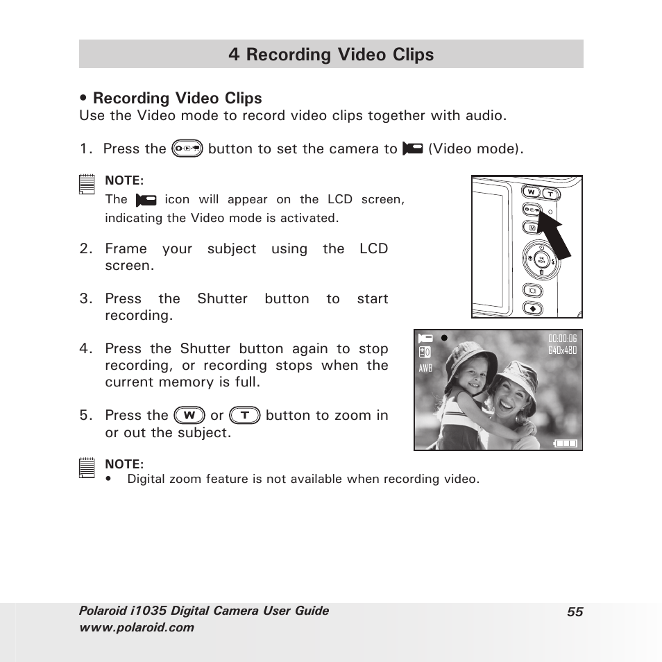 4 recording video clips, Recording video clips | Polaroid I1035 User Manual | Page 55 / 117