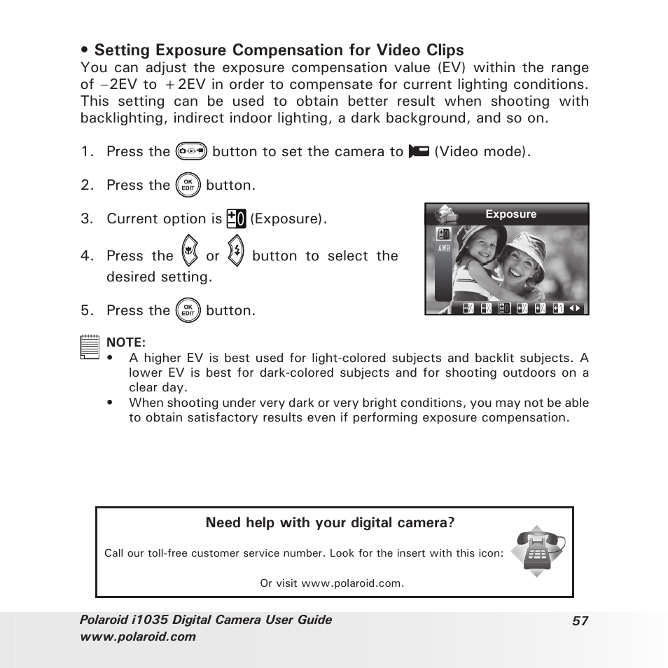 Setting exposure compensation for video clips | Polaroid I1035 User Manual | Page 57 / 117