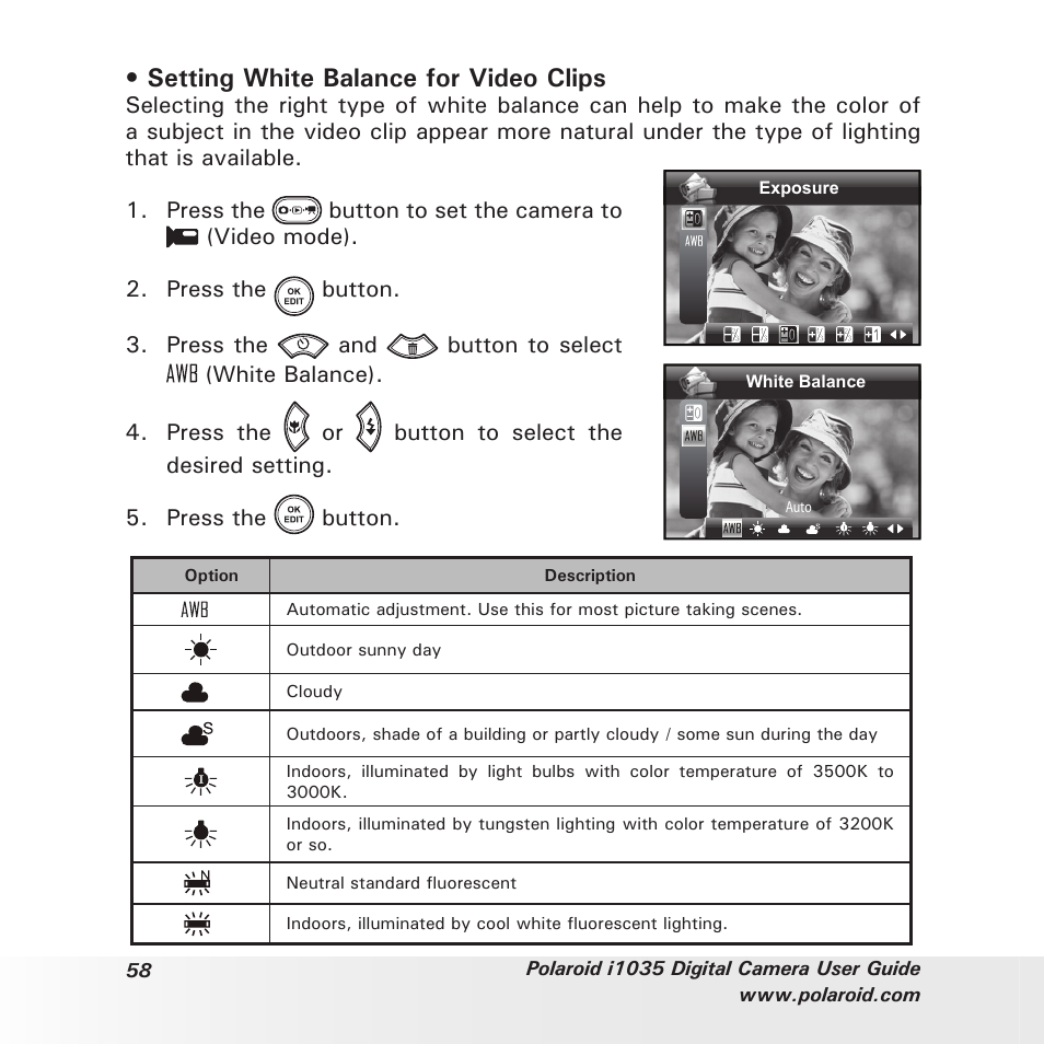Setting white balance for video clips | Polaroid I1035 User Manual | Page 58 / 117