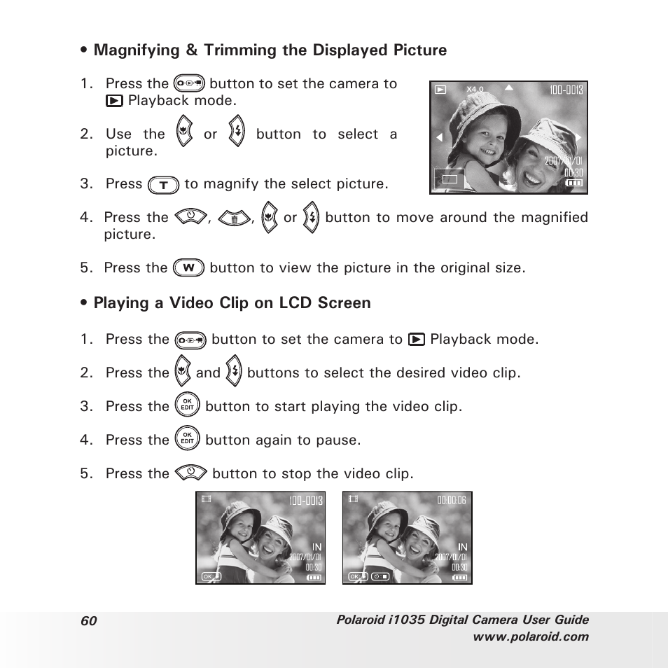 Magnifying & trimming the displayed picture, Playing a video clip on lcd screen | Polaroid I1035 User Manual | Page 60 / 117