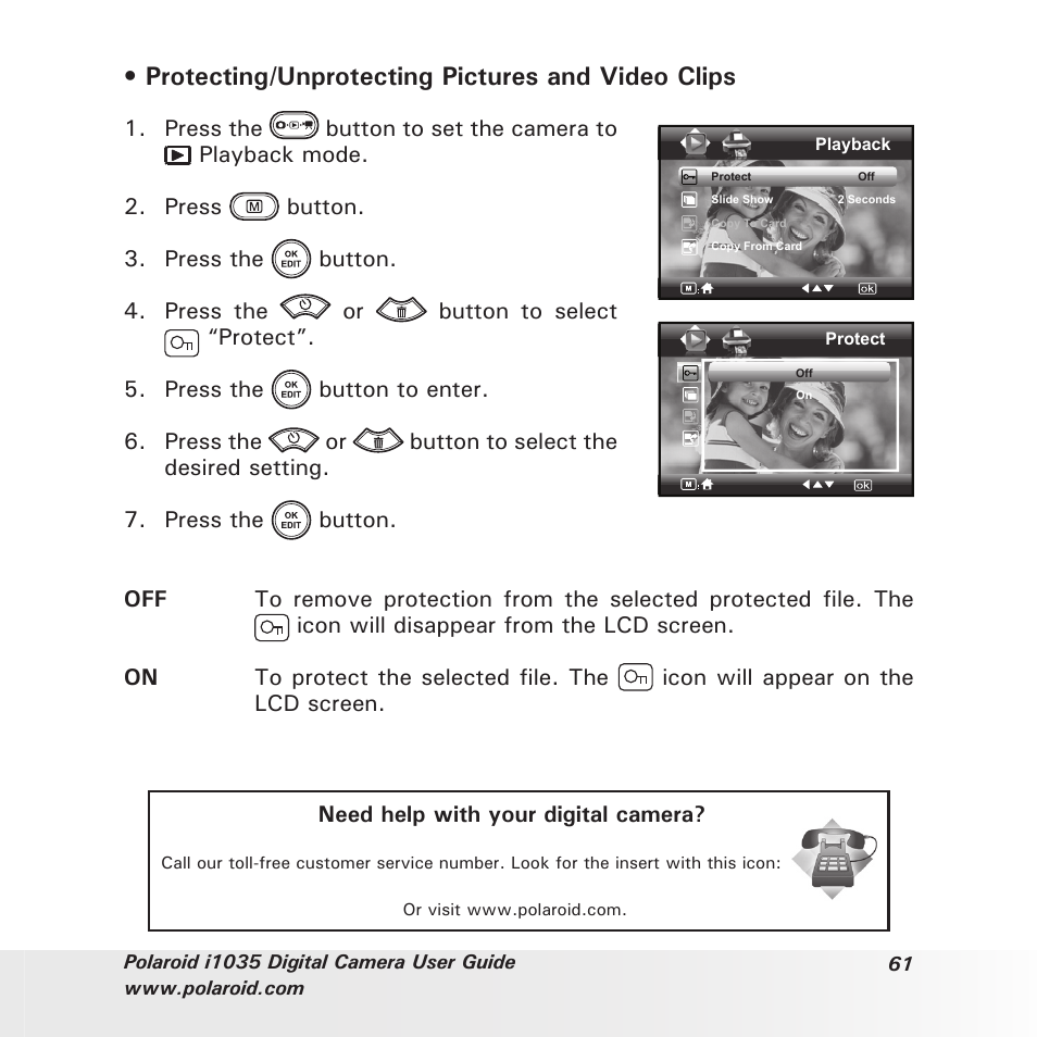 Protecting/unprotecting pictures and video clips | Polaroid I1035 User Manual | Page 61 / 117